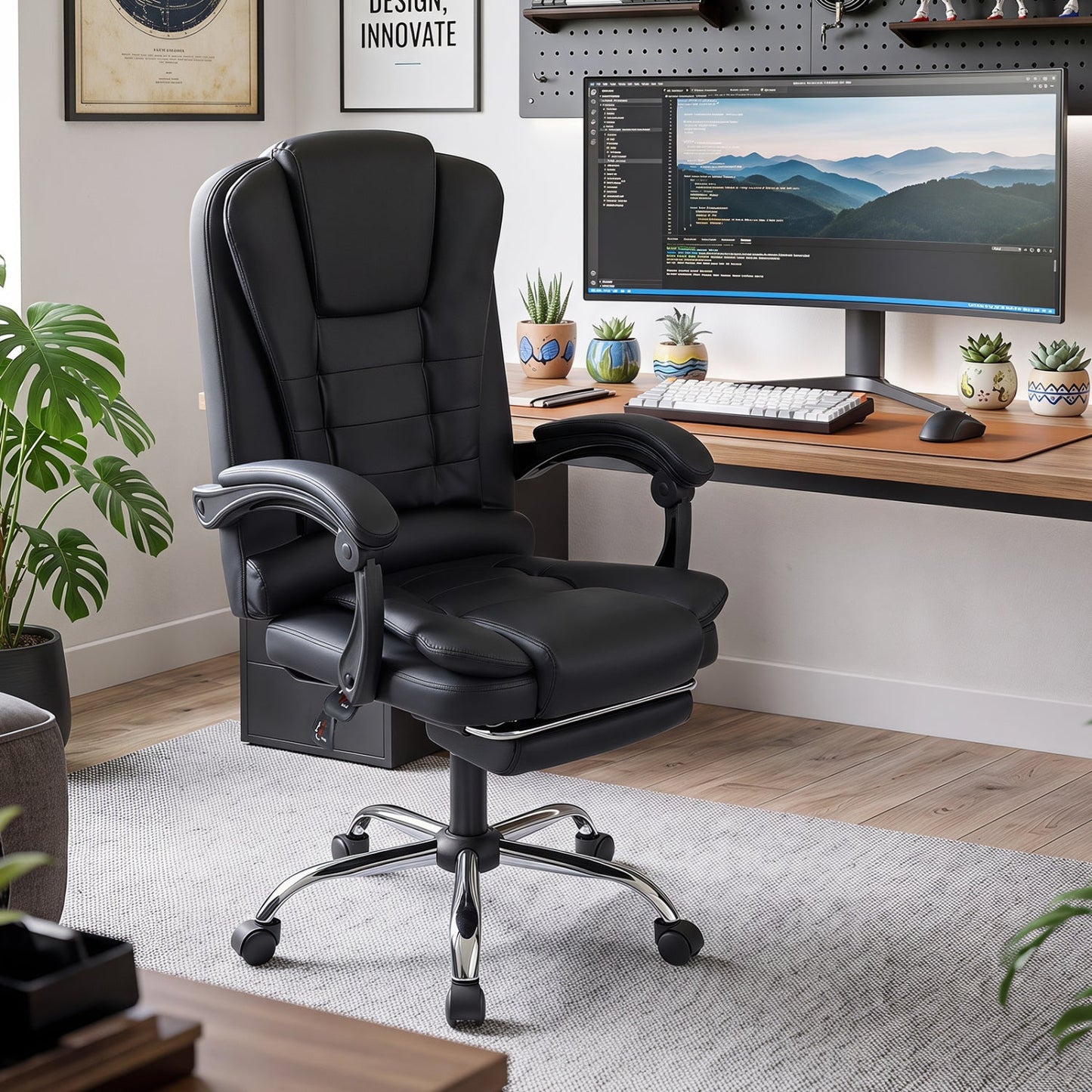 Massage office chair by DirectDeals with footrest and reclining backrest in black leather on Tampa Home & Garden Store