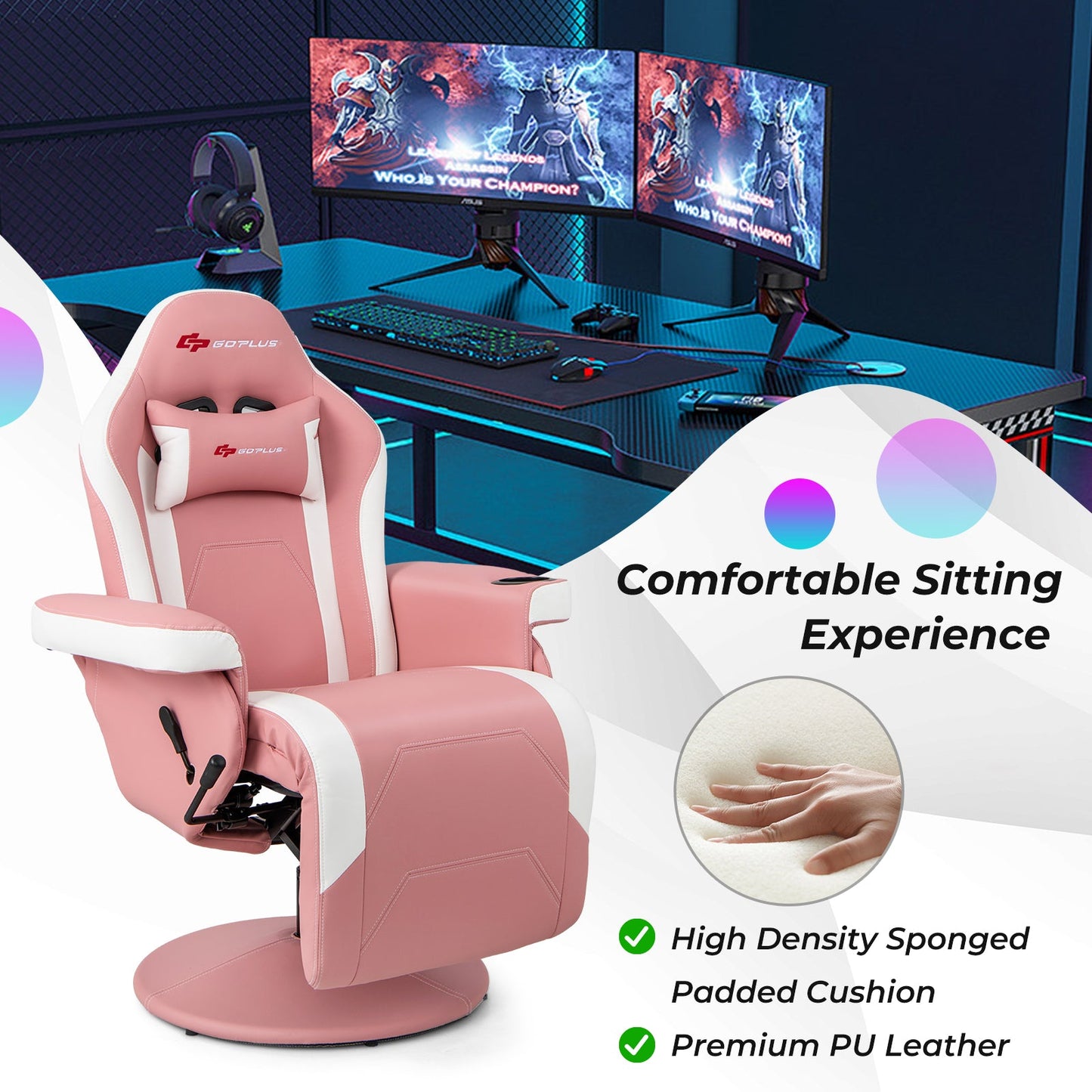 Sillón reclinable para videojuegos con masaje y altura ajustable - Rosa