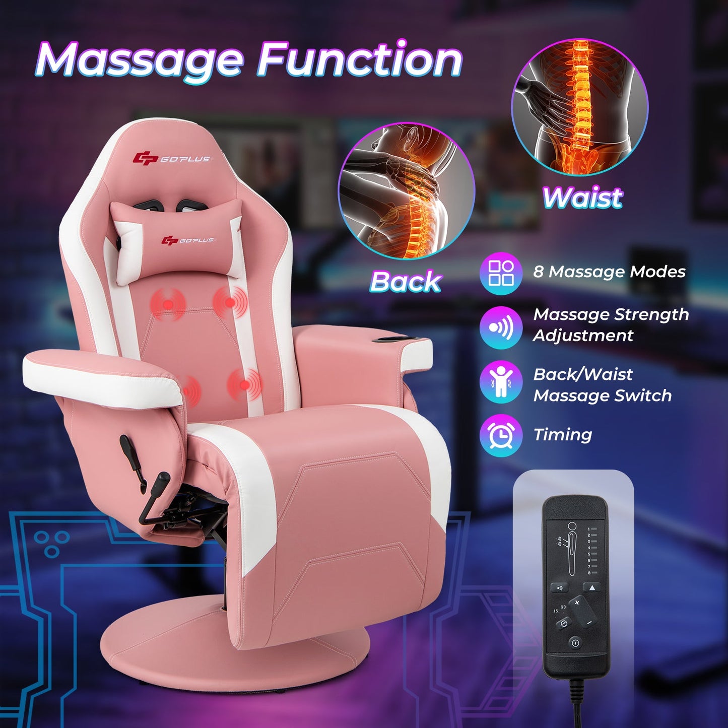 Sillón reclinable para videojuegos con masaje y altura ajustable - Rosa