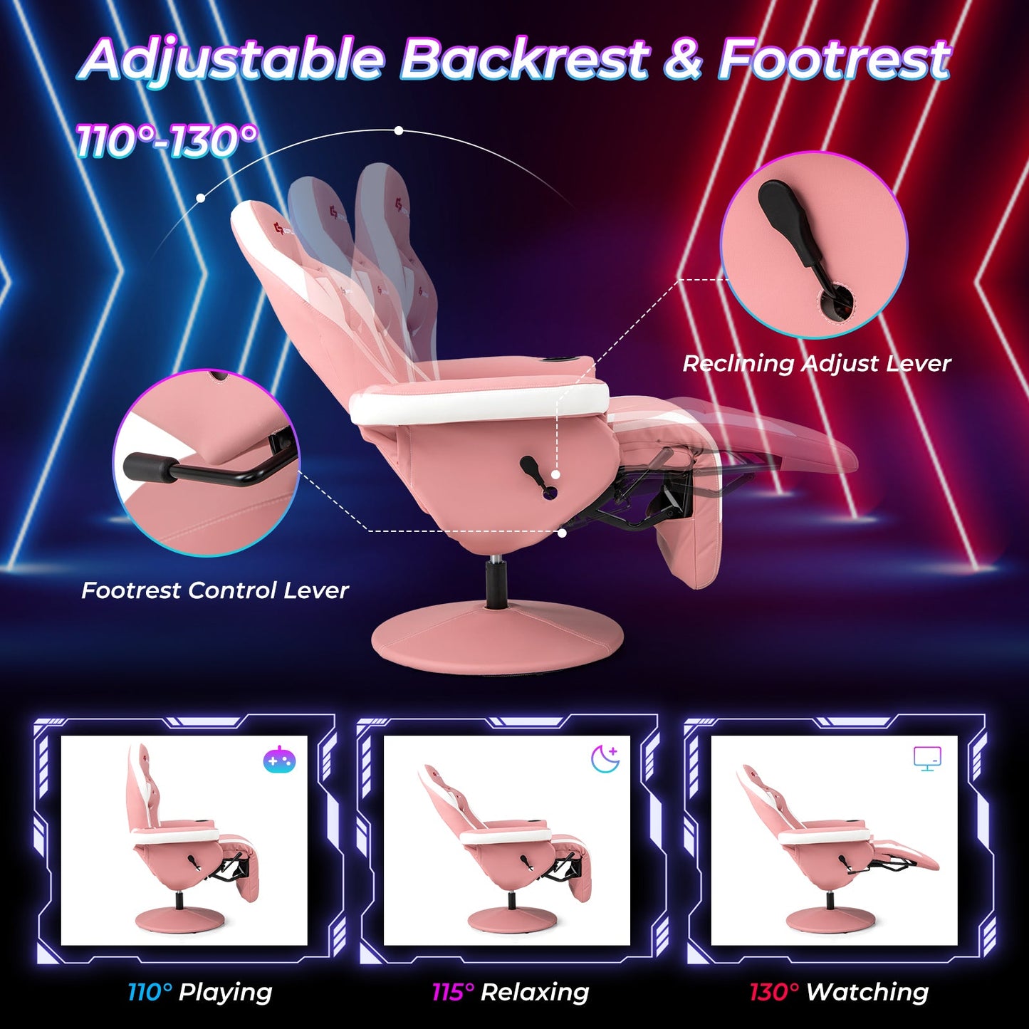 Sillón reclinable para videojuegos con masaje y altura ajustable - Rosa