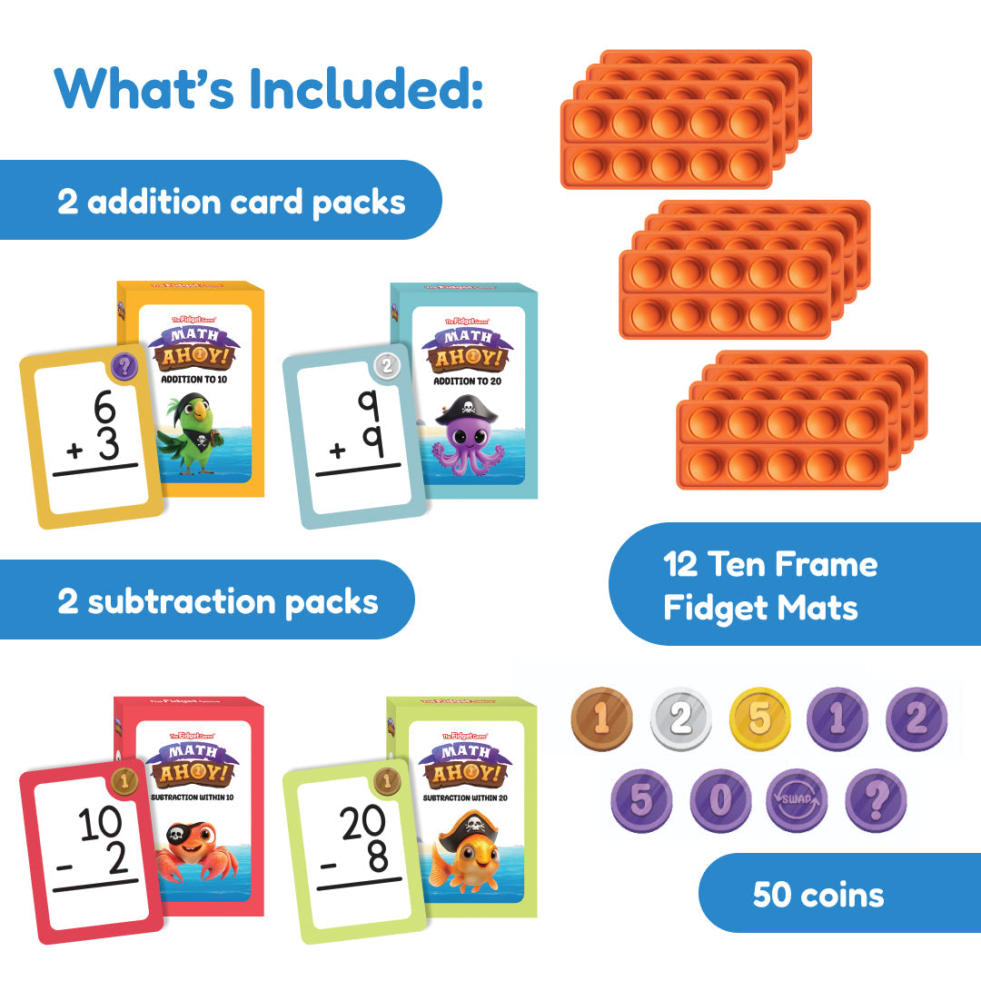 Math Ahoy by The Fidget Games: 10-frame mats, addition and subtraction card packs, 50 coins on Tampa Home & Garden Store
