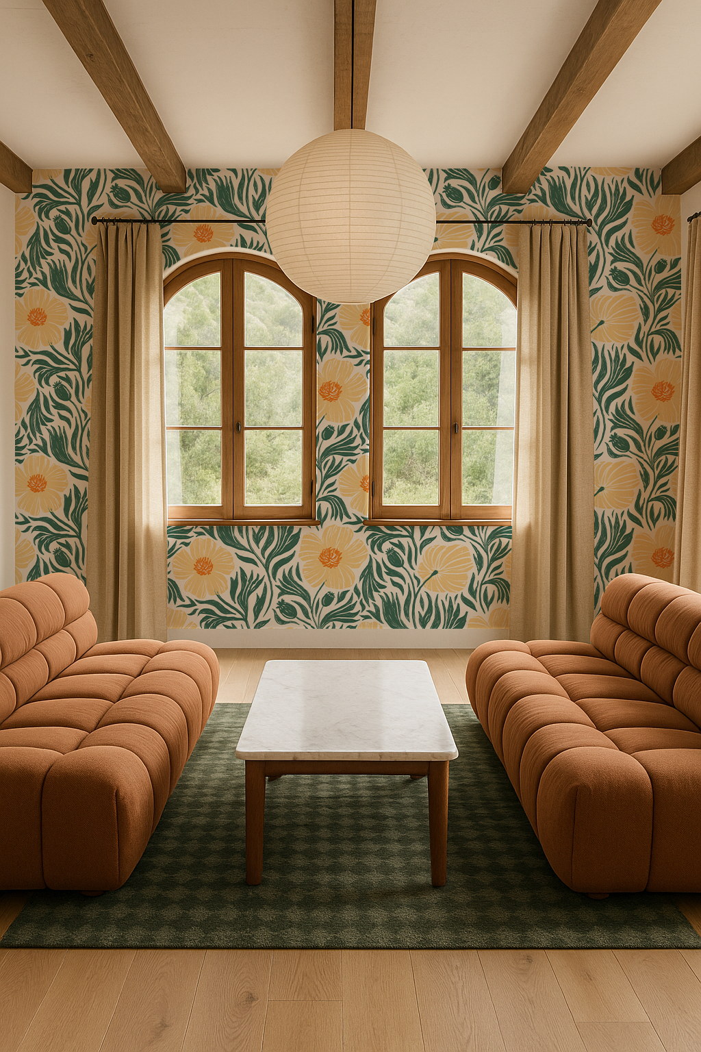 Matilija Wallpaper, white, teal & peach - Tampa Home & Garden Store