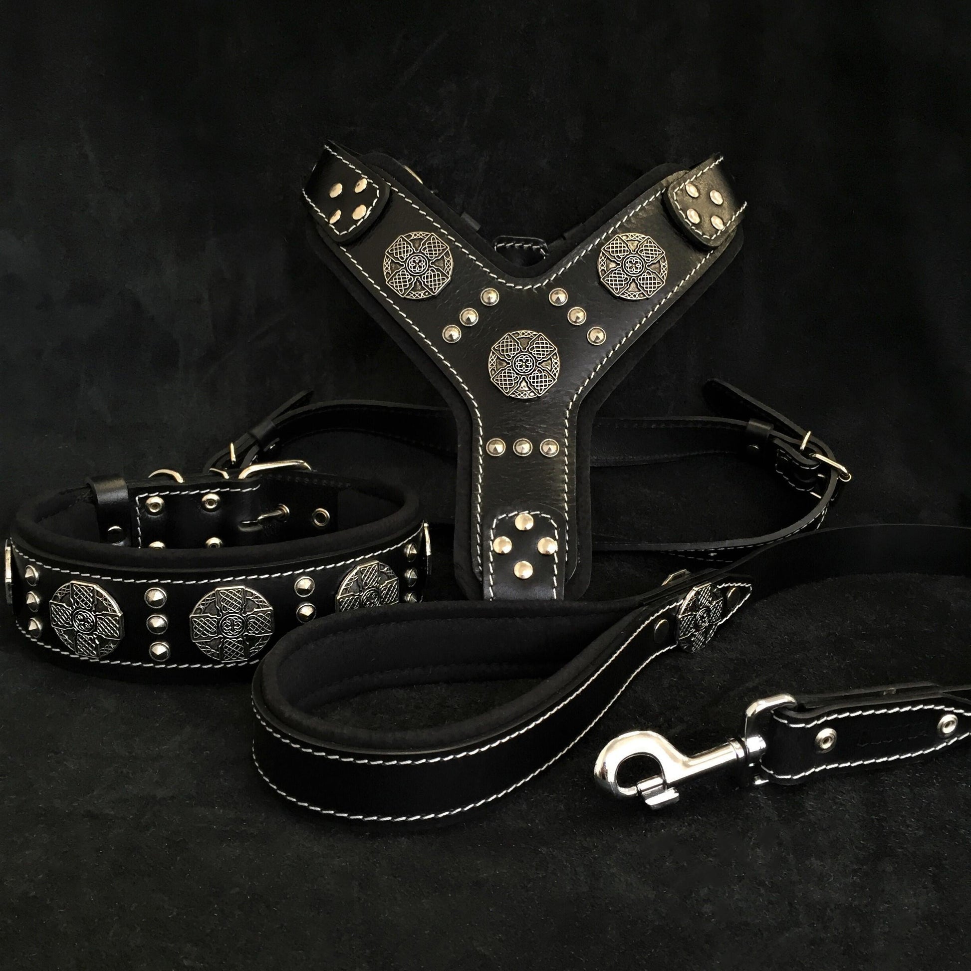 "Maximus Silver" BIG dog SET- Harness - collar - lead. Black - Tampa Home & Garden Store
