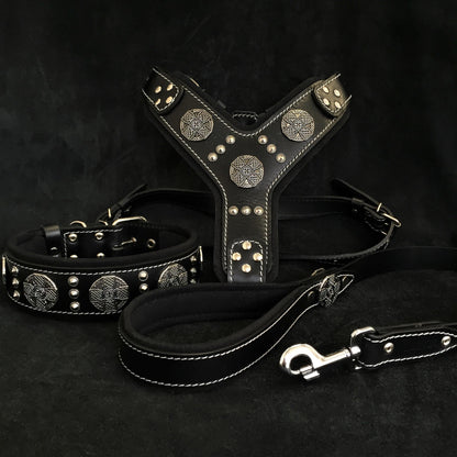 "Maximus Silver" BIG dog SET- Harness - collar - lead. Black - Tampa Home & Garden Store