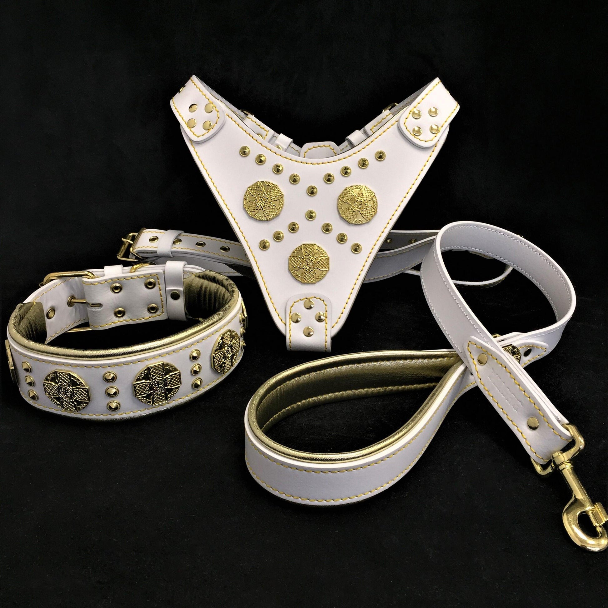 "Maximus White" BIG dog SET- Harness - collar - lead. Brass rivets - Tampa Home & Garden Store