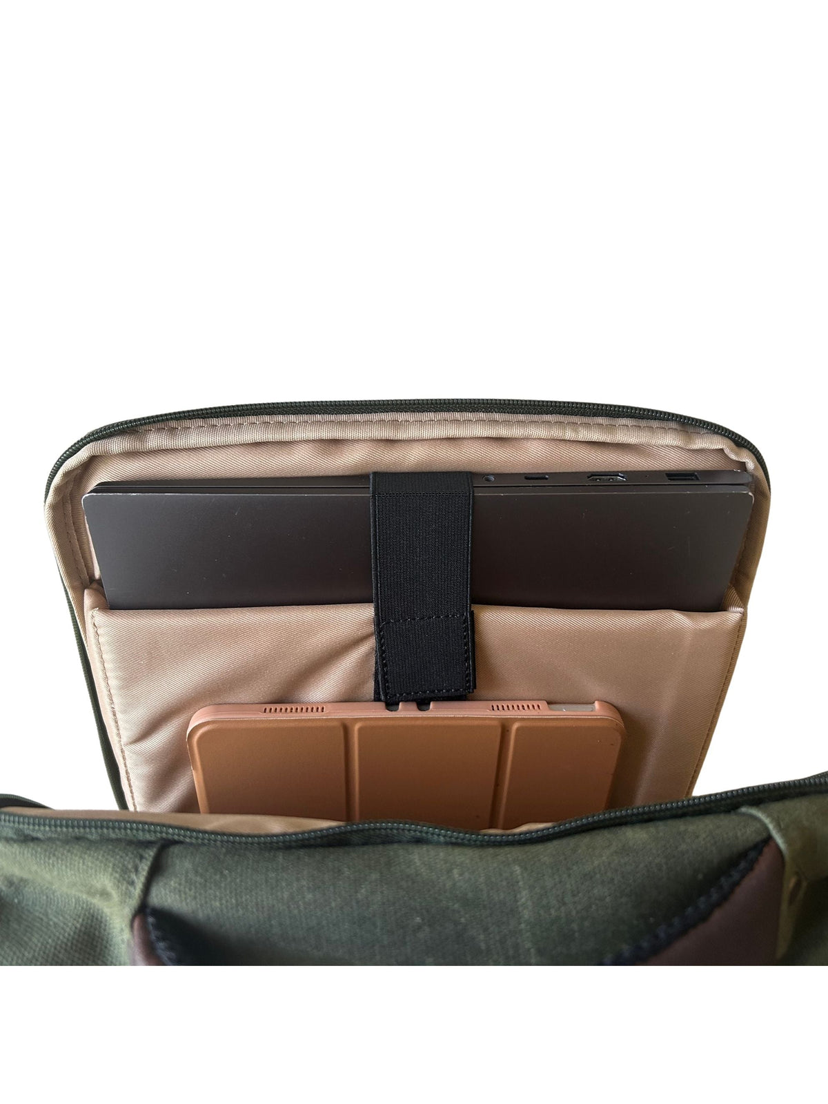 Maxwell 16″ Waxed Canvas & Leather Laptop Backpack with olive exterior and tan interior on Tampa Home & Garden Store