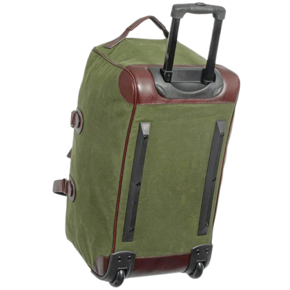 Maxwell Waxed Canvas Rolling Duffel Bag green with brown leather trim MiamiLeathers.com on Tampa Home & Garden Store