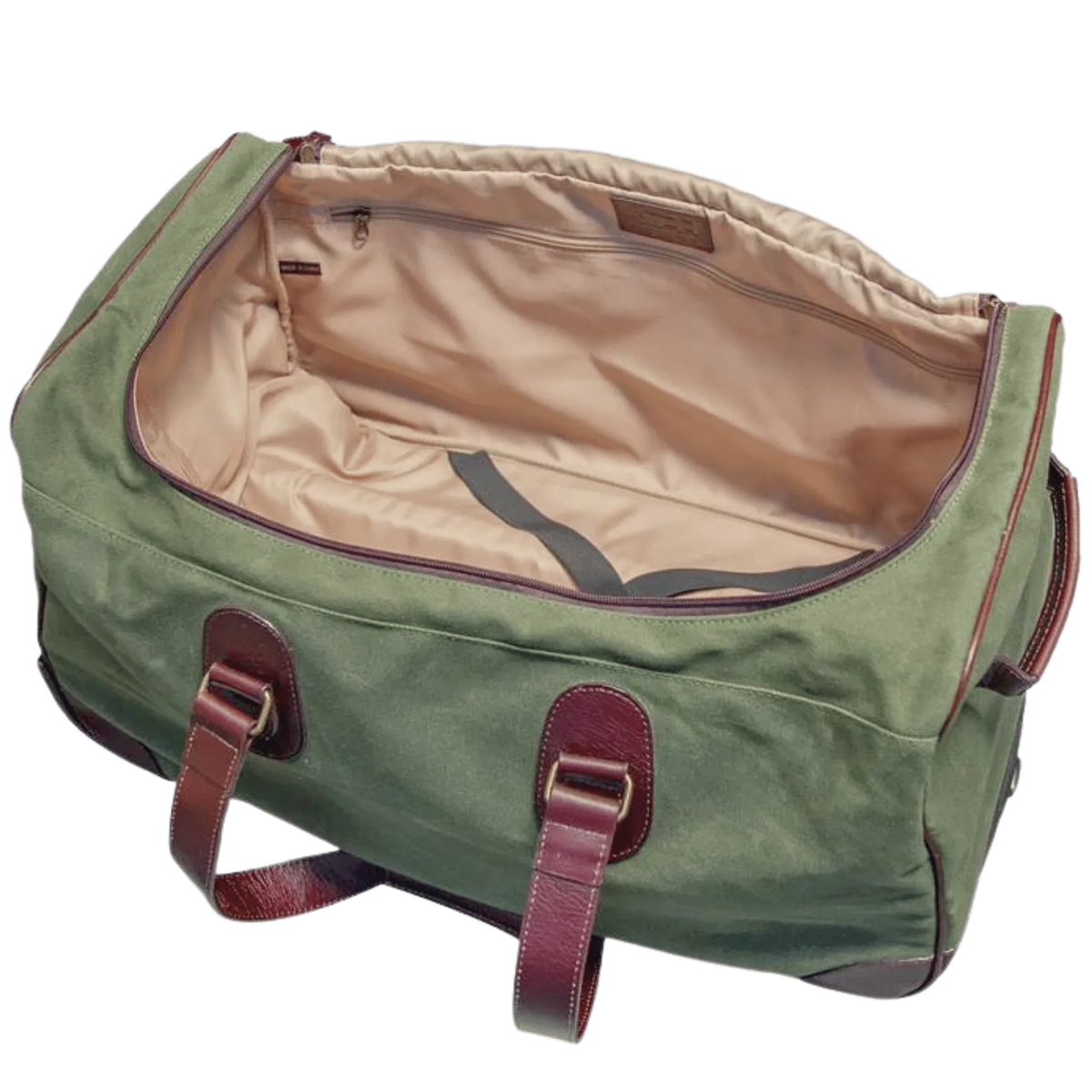 Maxwell Waxed Canvas Rolling Duffel Bag in green with beige lining and leather straps on Tampa Home & Garden Store