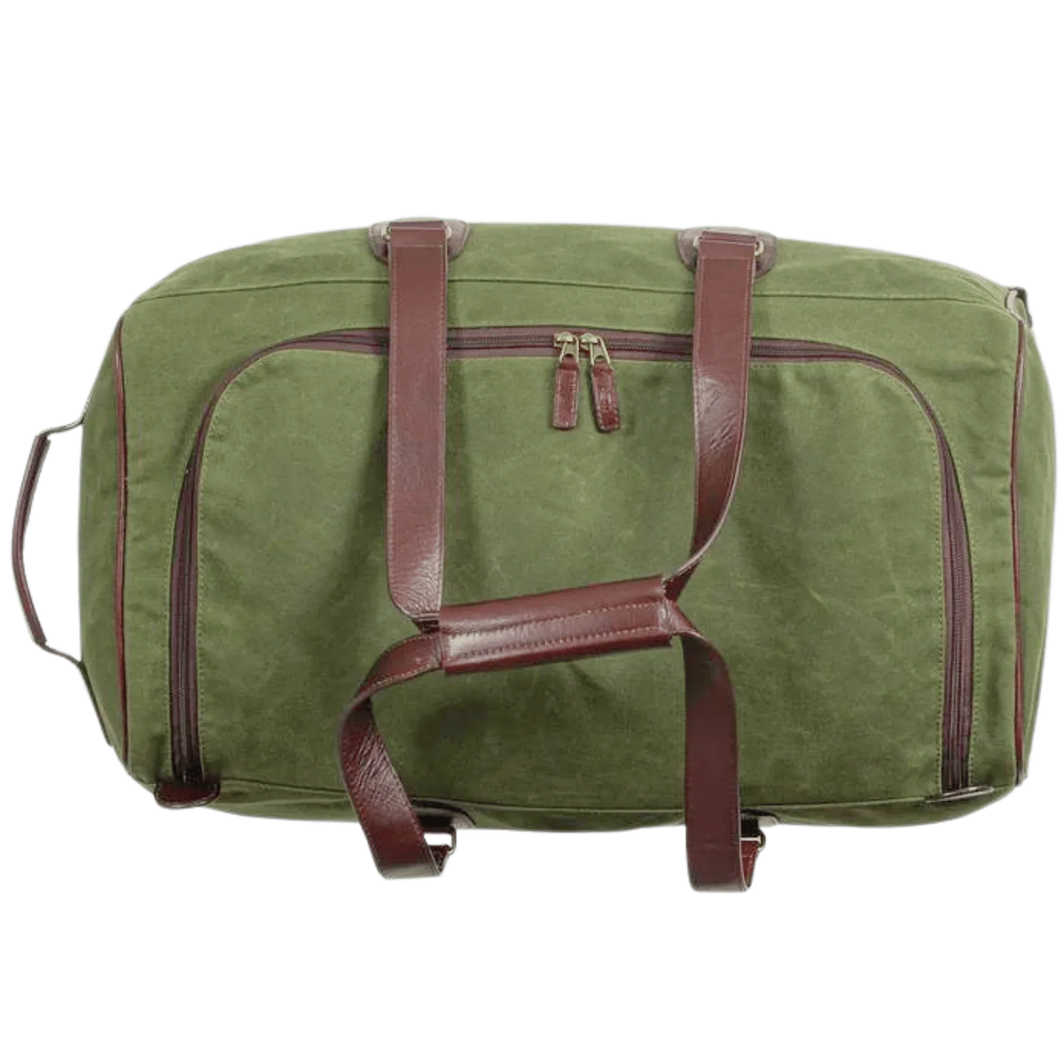 Maxwell waxed canvas rolling duffel green with brown leather straps and brass hardware on Tampa Home & Garden Store