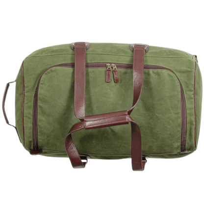 Maxwell waxed canvas rolling duffel green with brown leather straps and brass hardware on Tampa Home & Garden Store