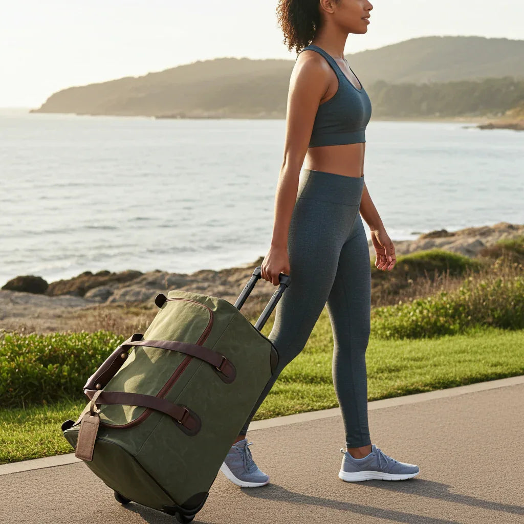 Maxwell Waxed Canvas Rolling Duffel Bag in olive green with brown straps and wheels on Tampa Home & Garden Store