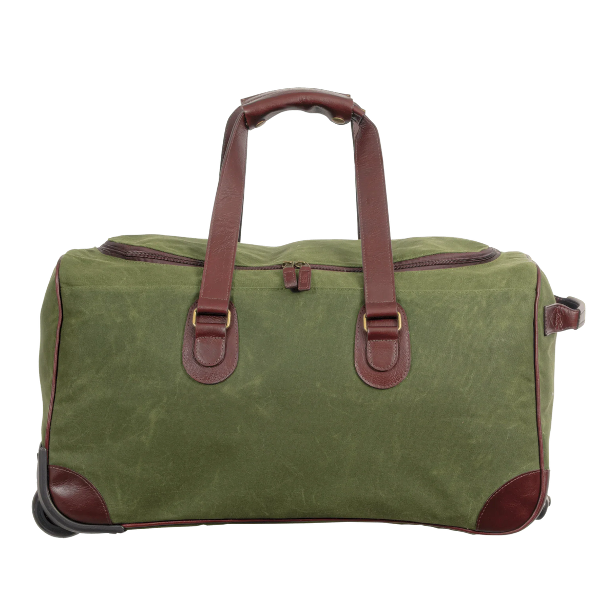 Maxwell Waxed Canvas Rolling Duffel olive green with brown leather straps MiamiLeathers.com on Tampa Home & Garden Store
