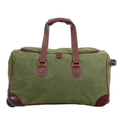 Maxwell Waxed Canvas Rolling Duffel olive green with brown leather straps MiamiLeathers.com on Tampa Home & Garden Store