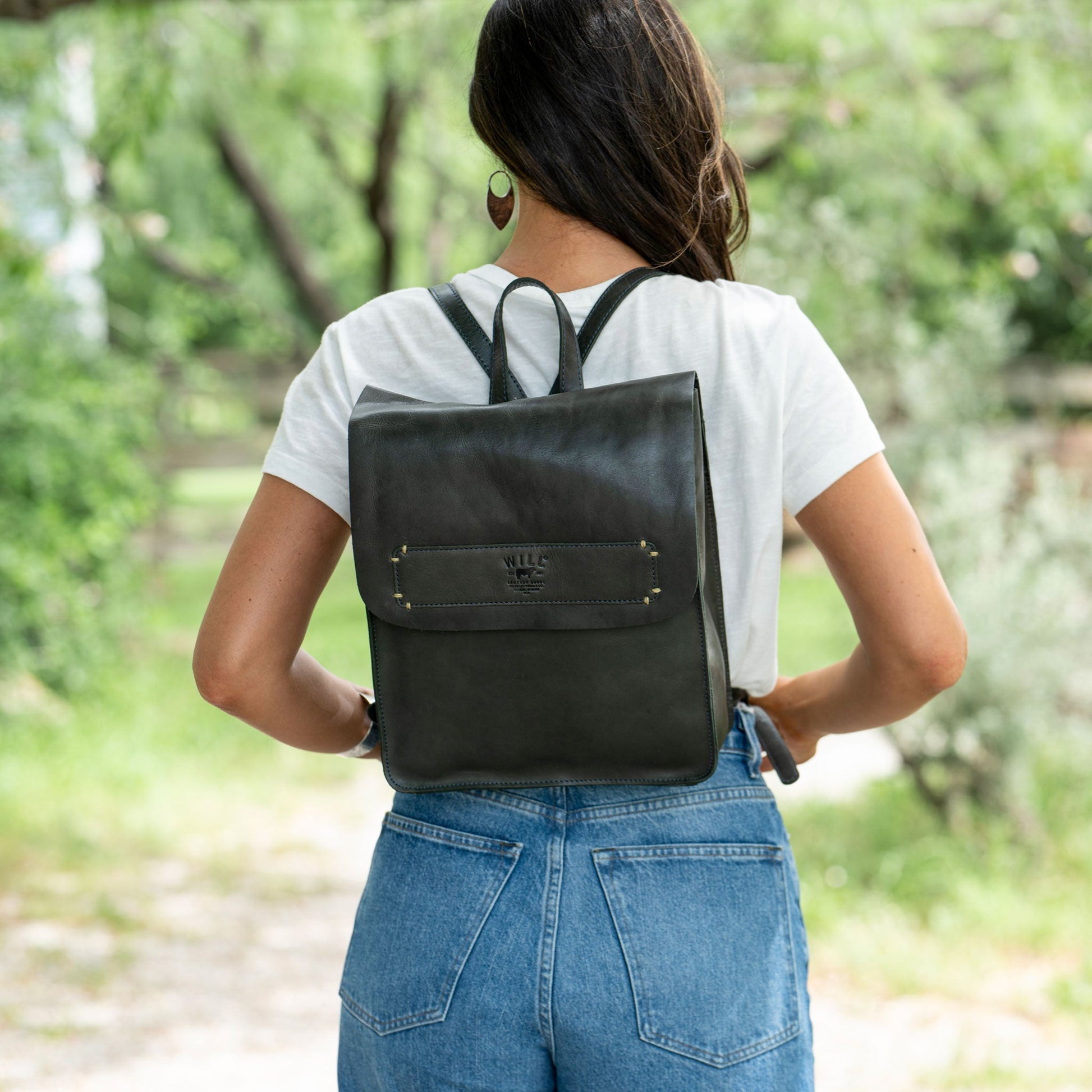 Simple Backpack by Will Leather Goods, black leather with front pocket worn on back on Tampa Home & Garden Store