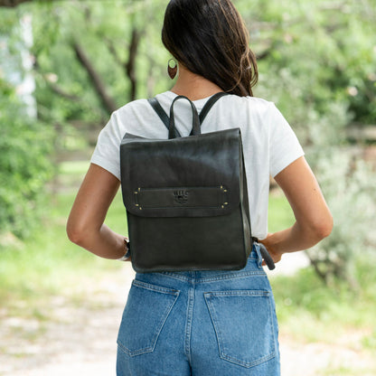 Simple Backpack by Will Leather Goods, black leather with front pocket worn on back on Tampa Home & Garden Store