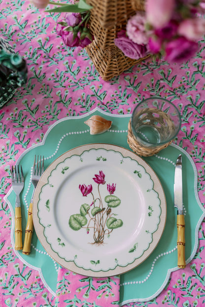 Tulip Pink Sydney Tablecloth with green stems and pink florals on pink background on Tampa Home & Garden Store