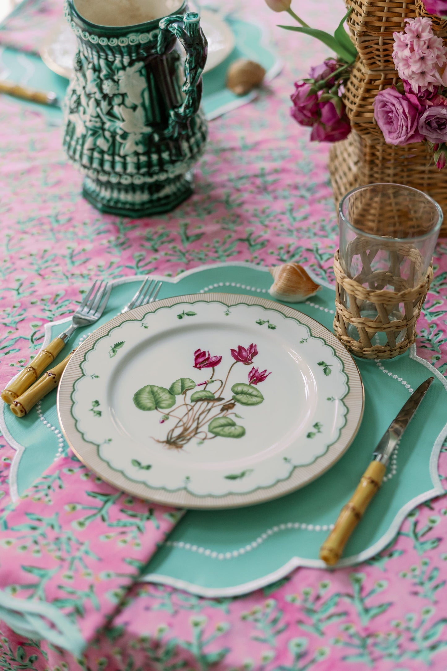Tulip Pink Sydney Tablecloth with pink floral pattern on Tampa Home & Garden Store