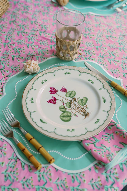 Tulip Pink Sydney Tablecloth by Erin Donahue Tice with pink floral pattern and teal accents on Tampa Home & Garden Store