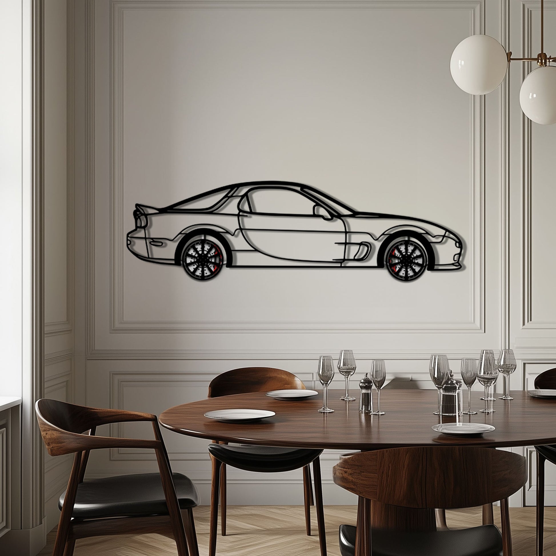 Mazda RX-7 Metal Car Wall Art with Rotating Wheels - FD3S Rotary Legend Silhouette - Interactive Automotive Wall Decor - KAFMEKA147 - Tampa Home & Garden Store