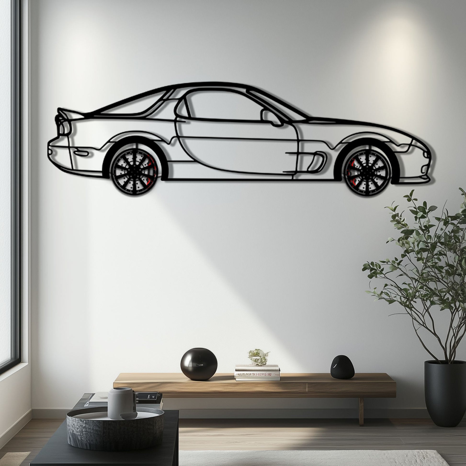 Mazda RX-7 Metal Car Wall Art with Rotating Wheels - FD3S Rotary Legend Silhouette - Interactive Automotive Wall Decor - KAFMEKA147 - Tampa Home & Garden Store
