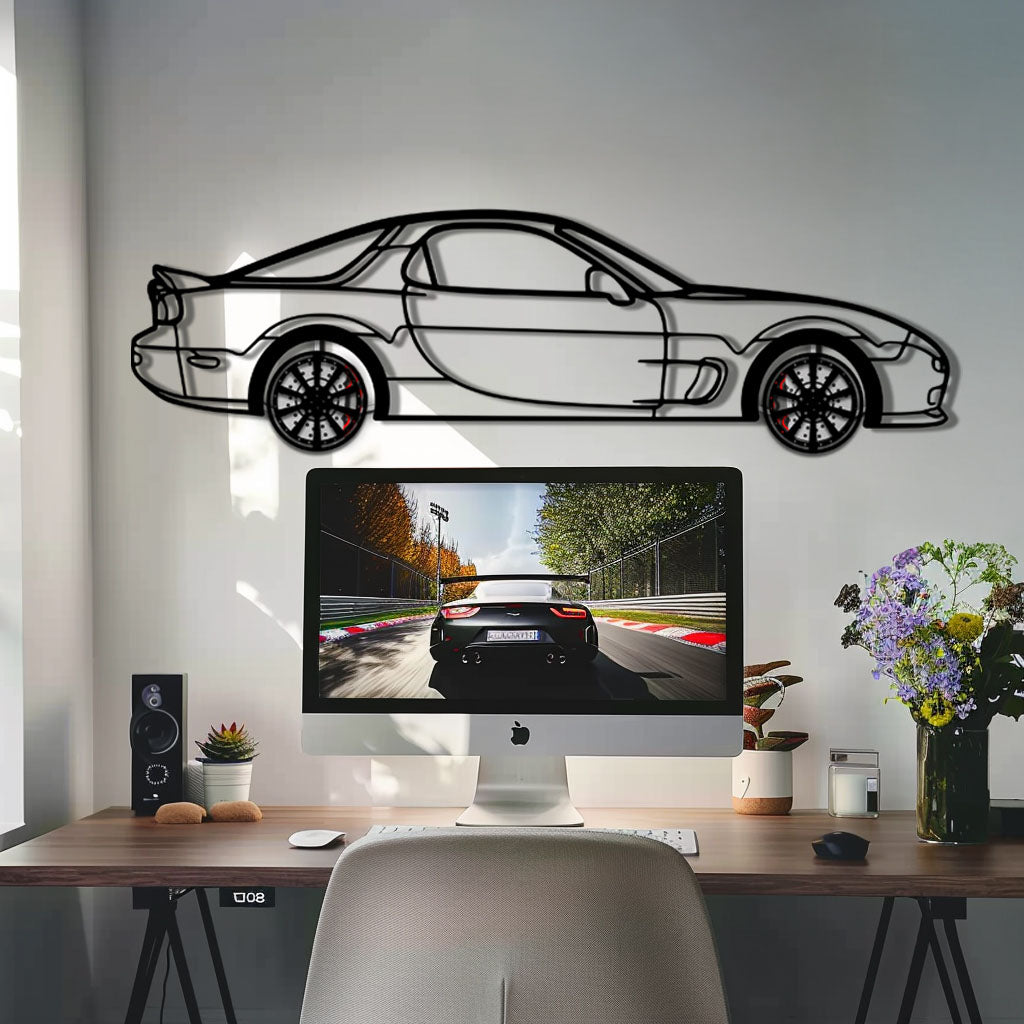 Mazda RX-7 Metal Car Wall Art with Rotating Wheels - FD3S Rotary Legend Silhouette - Interactive Automotive Wall Decor - KAFMEKA147 - Tampa Home & Garden Store
