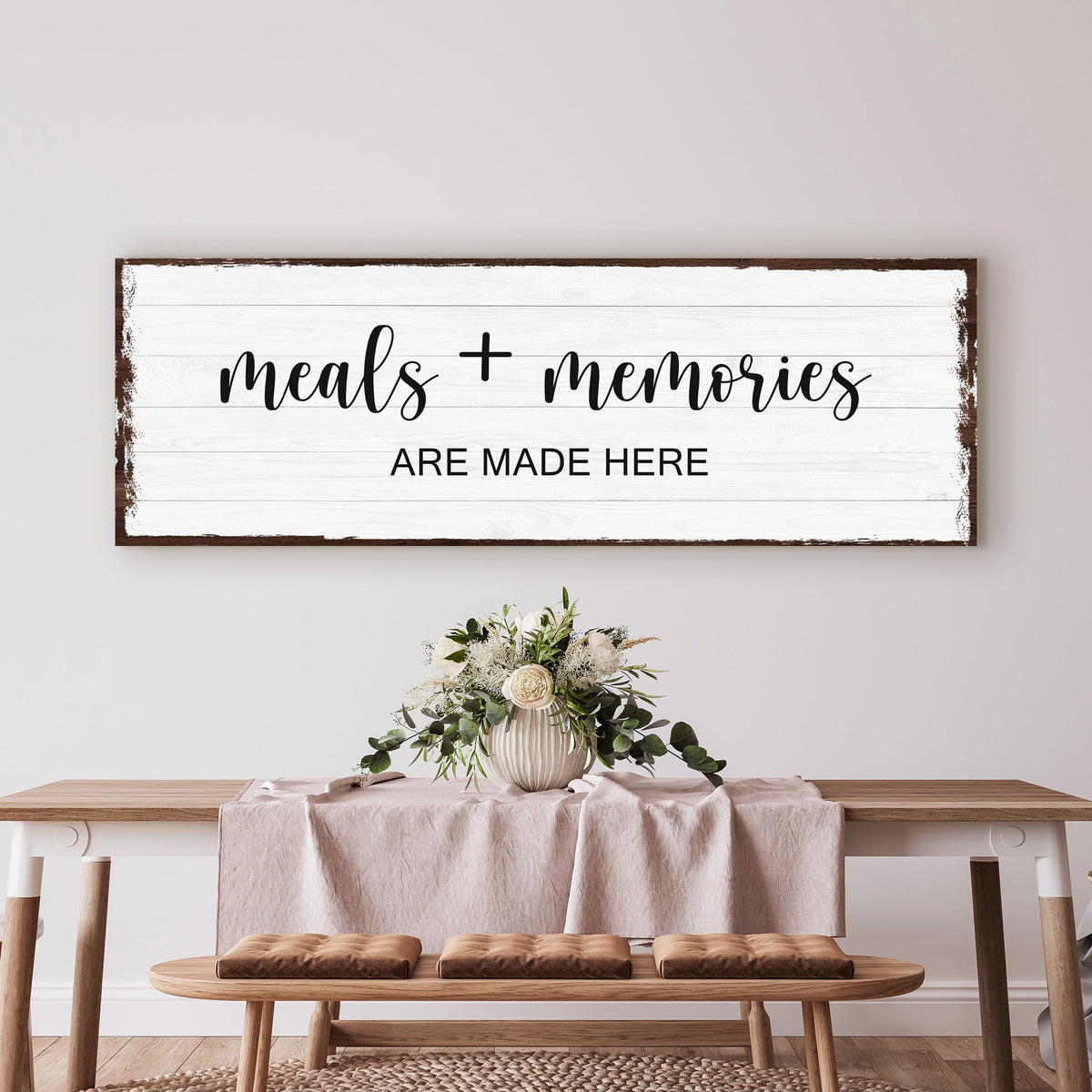 Meals And Memories Are Made Here sign canvas by Tailored Canvases on distressed white wood on Tampa Home & Garden Store