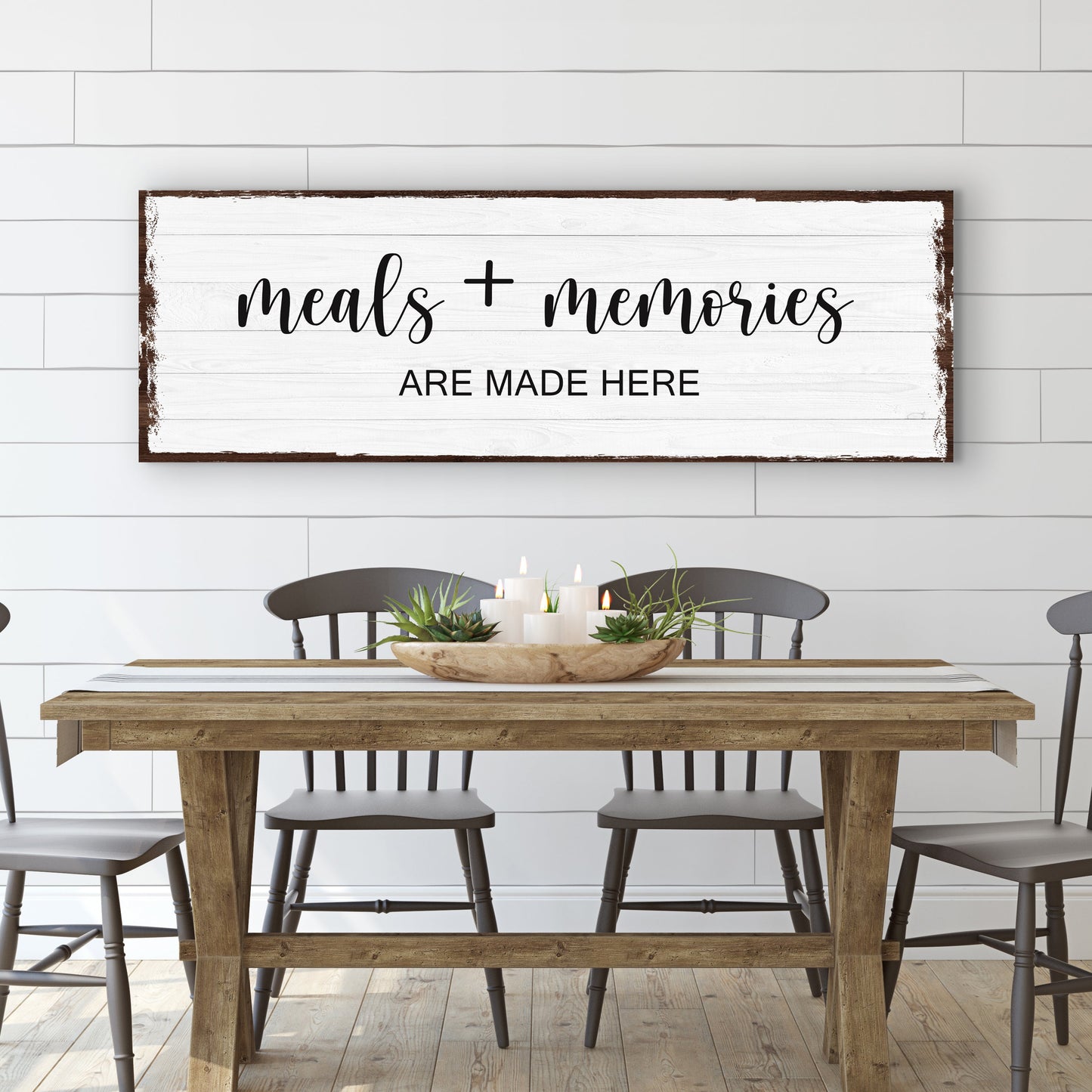 Meals And Memories Are Made Here Sign canvas with whitewashed wood frame Tailored Canvases on Tampa Home & Garden Store