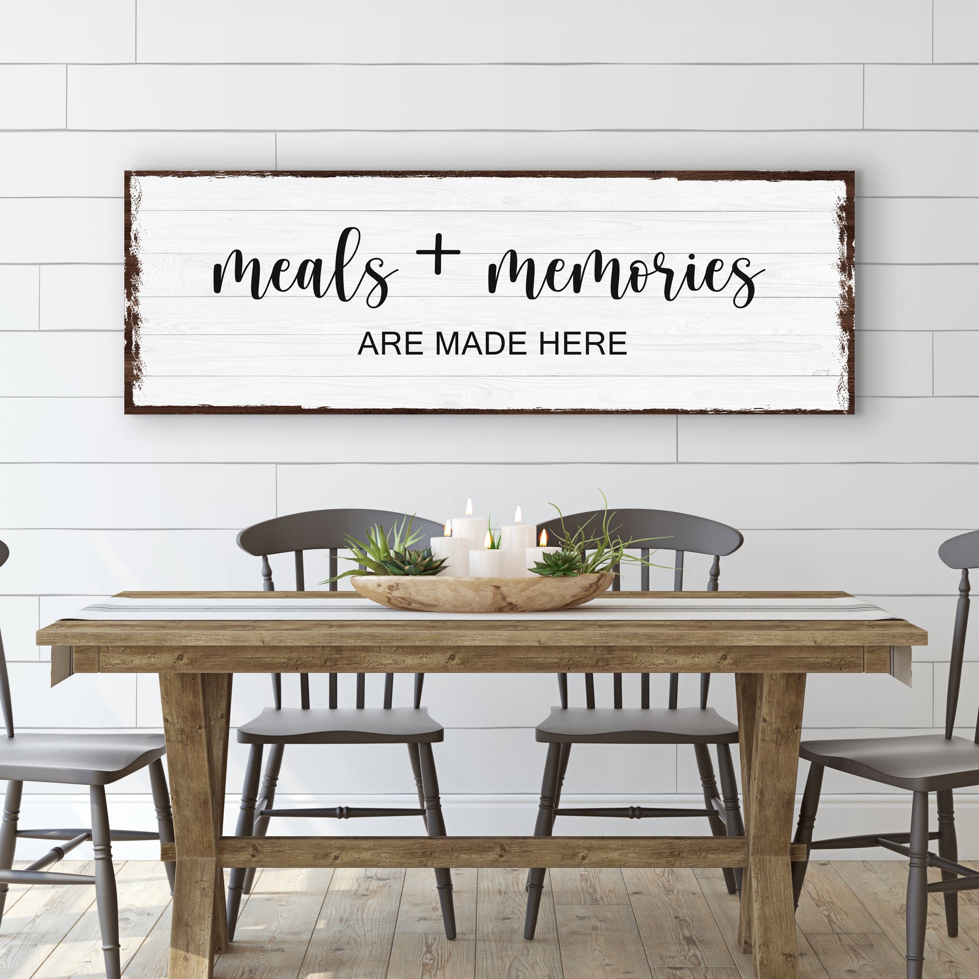 Meals And Memories Are Made Here Sign canvas with whitewashed wood frame Tailored Canvases on Tampa Home & Garden Store