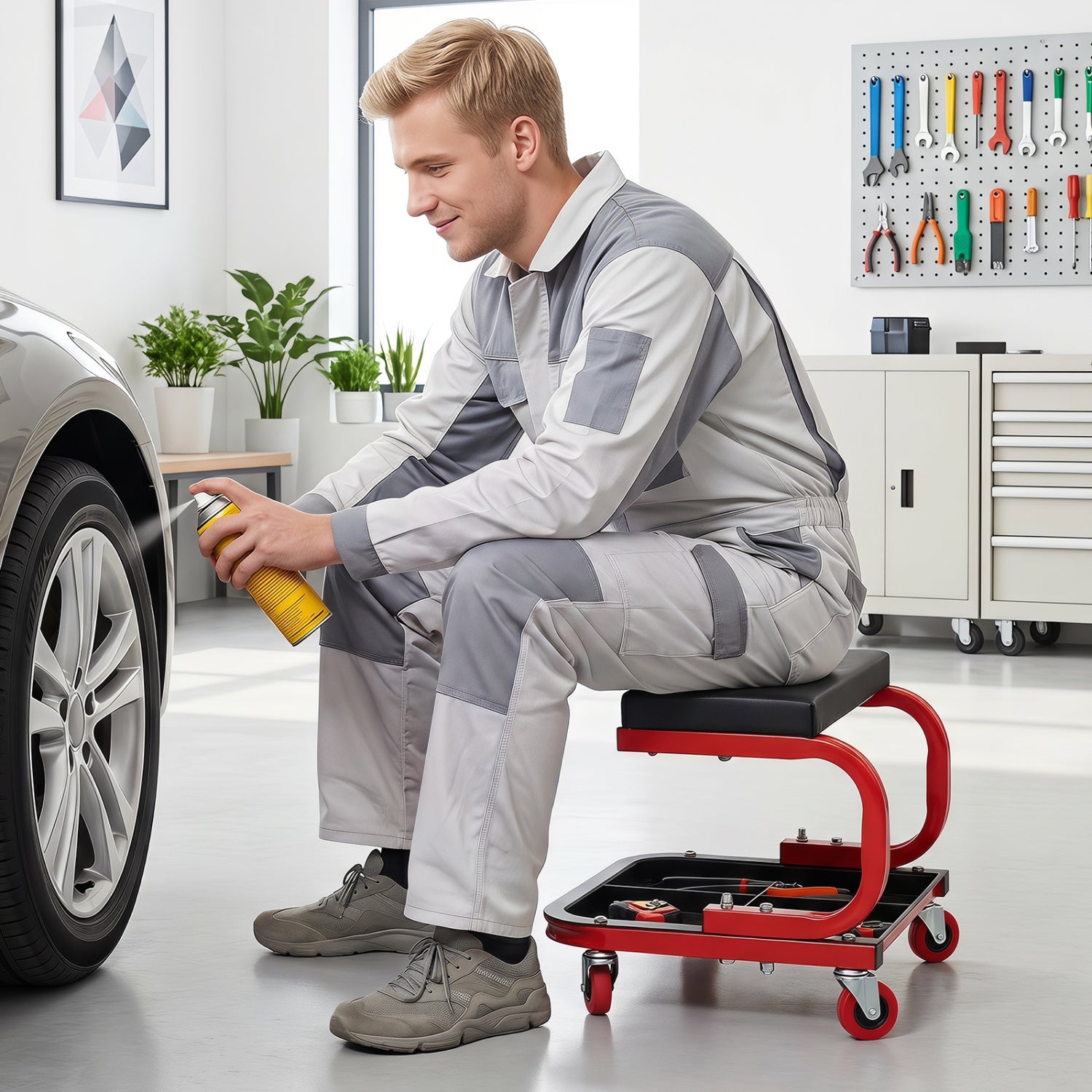 Mechanic rolling stool with red frame and black cushion, tool trays and magnetic drawer on Tampa Home & Garden Store