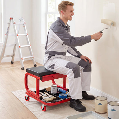 Rolling stool with red steel frame, black cushion, tool trays and magnetic drawer on Tampa Home & Garden Store