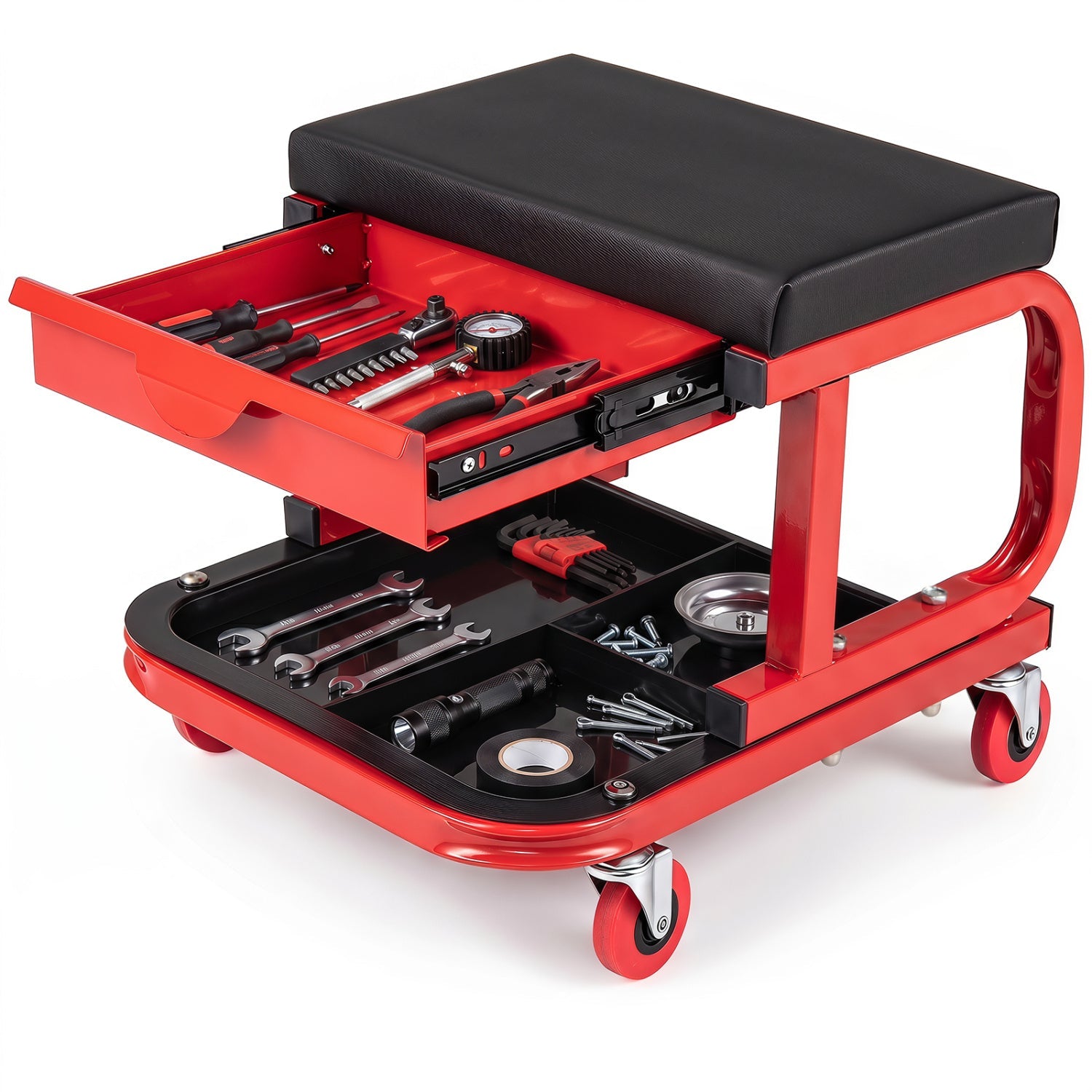 Rolling Stool with Tool Trays and Magnetic Drawer in red metal frame, black seat by DirectDeals on Tampa Home & Garden Store