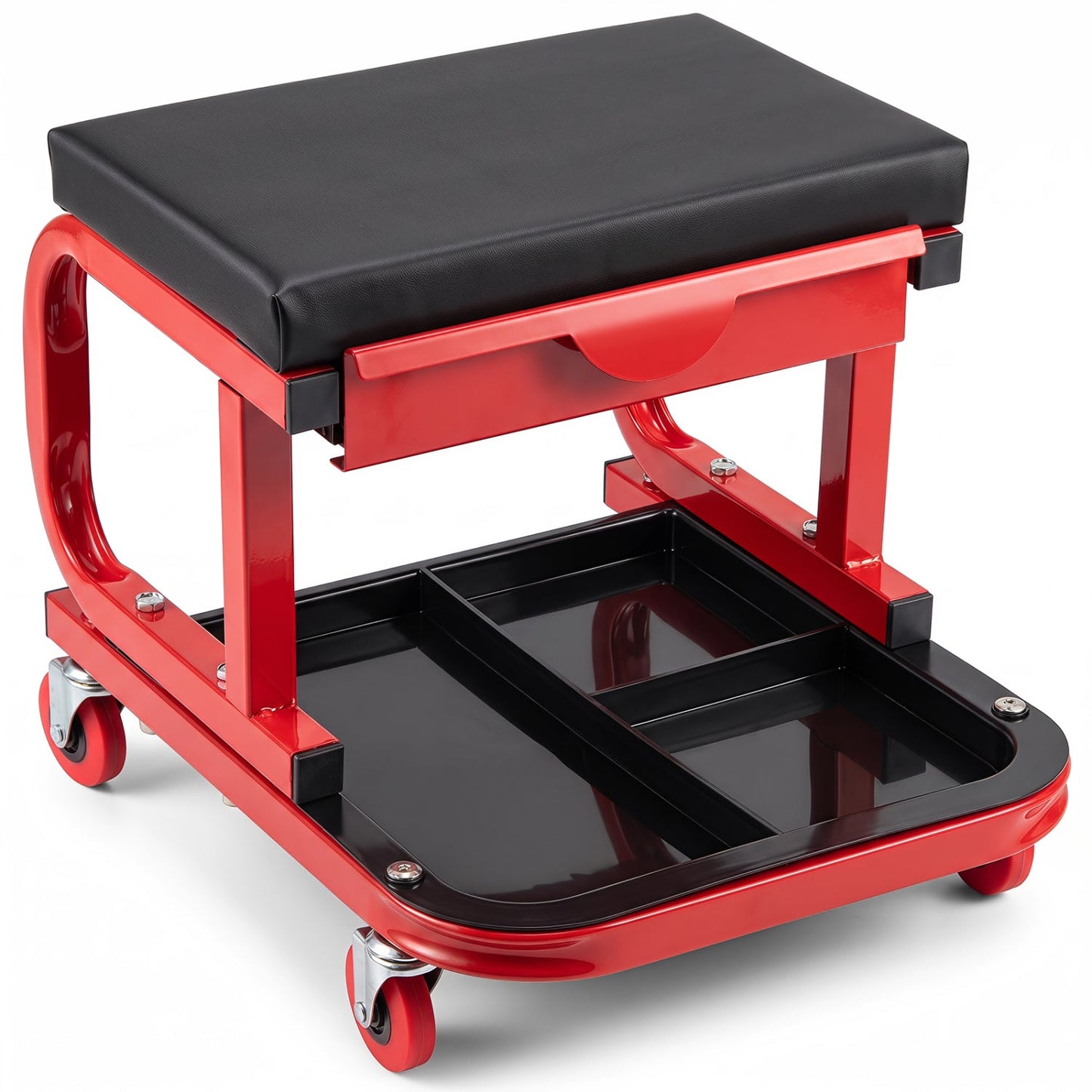 Mechanic rolling stool DirectDeals red metal frame with black padded seat, tool trays and magnetic drawer on Tampa Home & Garden Store