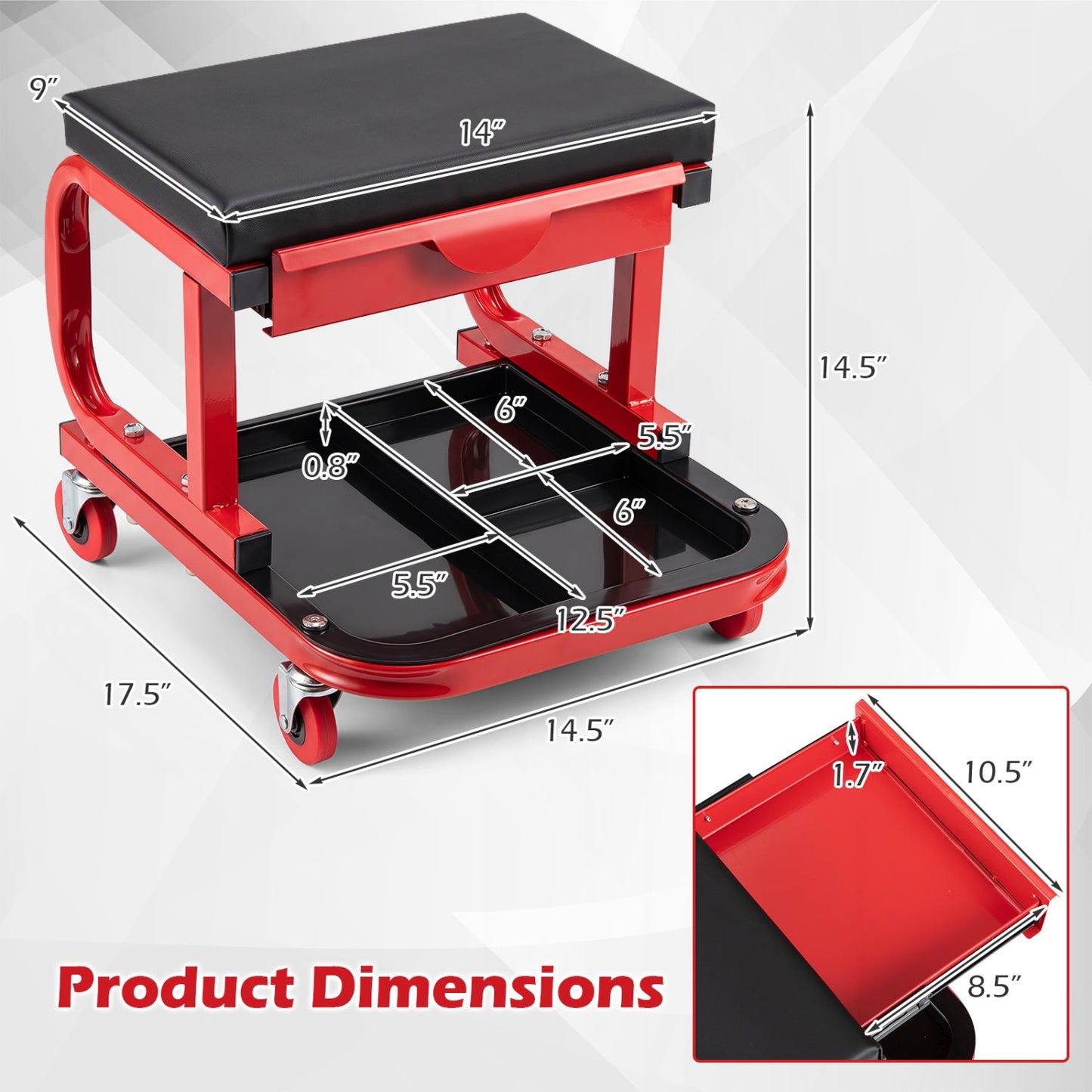 Rolling Stool red frame with black cushion, tool trays and magnetic drawer on Tampa Home & Garden Store