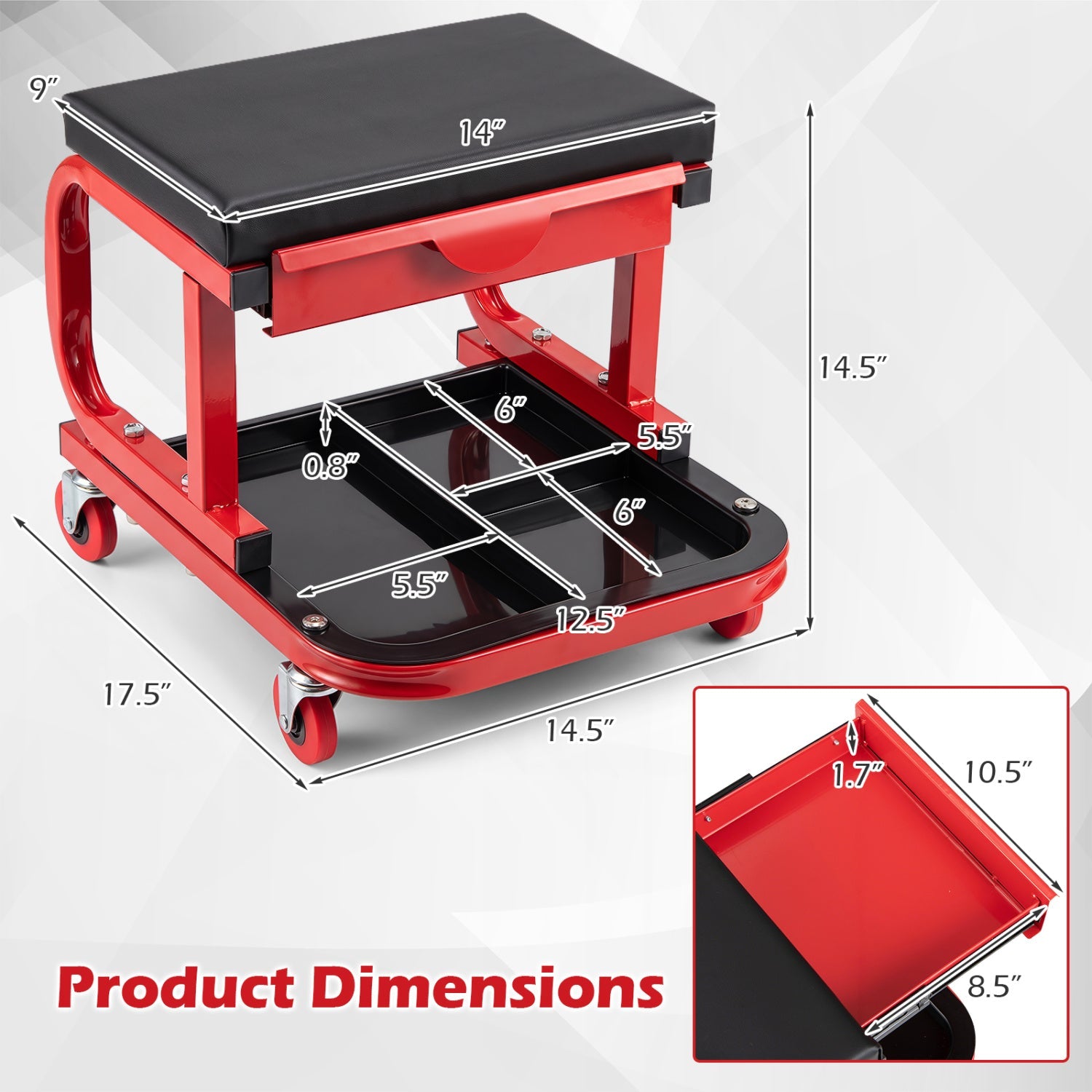 Rolling Stool red frame with black cushion, tool trays and magnetic drawer on Tampa Home & Garden Store