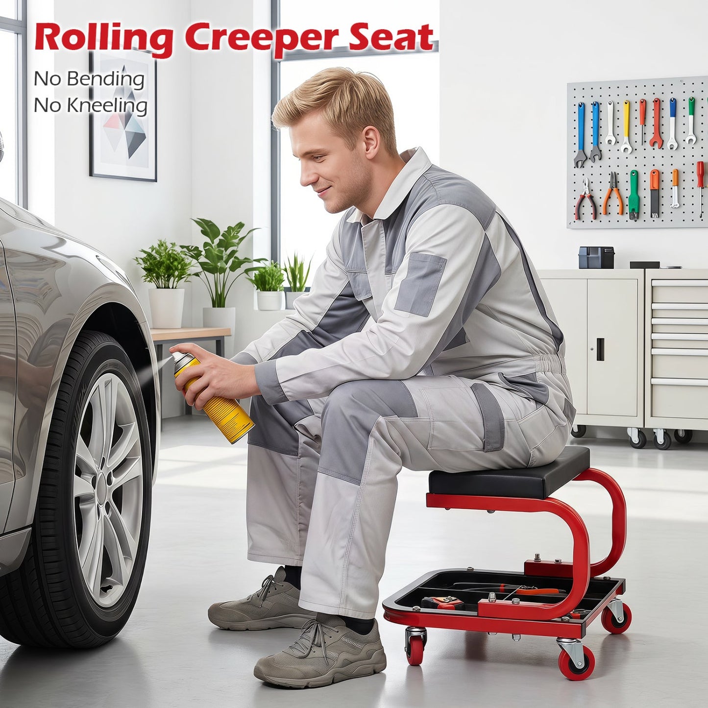 Mechanic Rolling Stool with Tool Trays and Magnetic Drawer, red frame, black cushion on Tampa Home & Garden Store