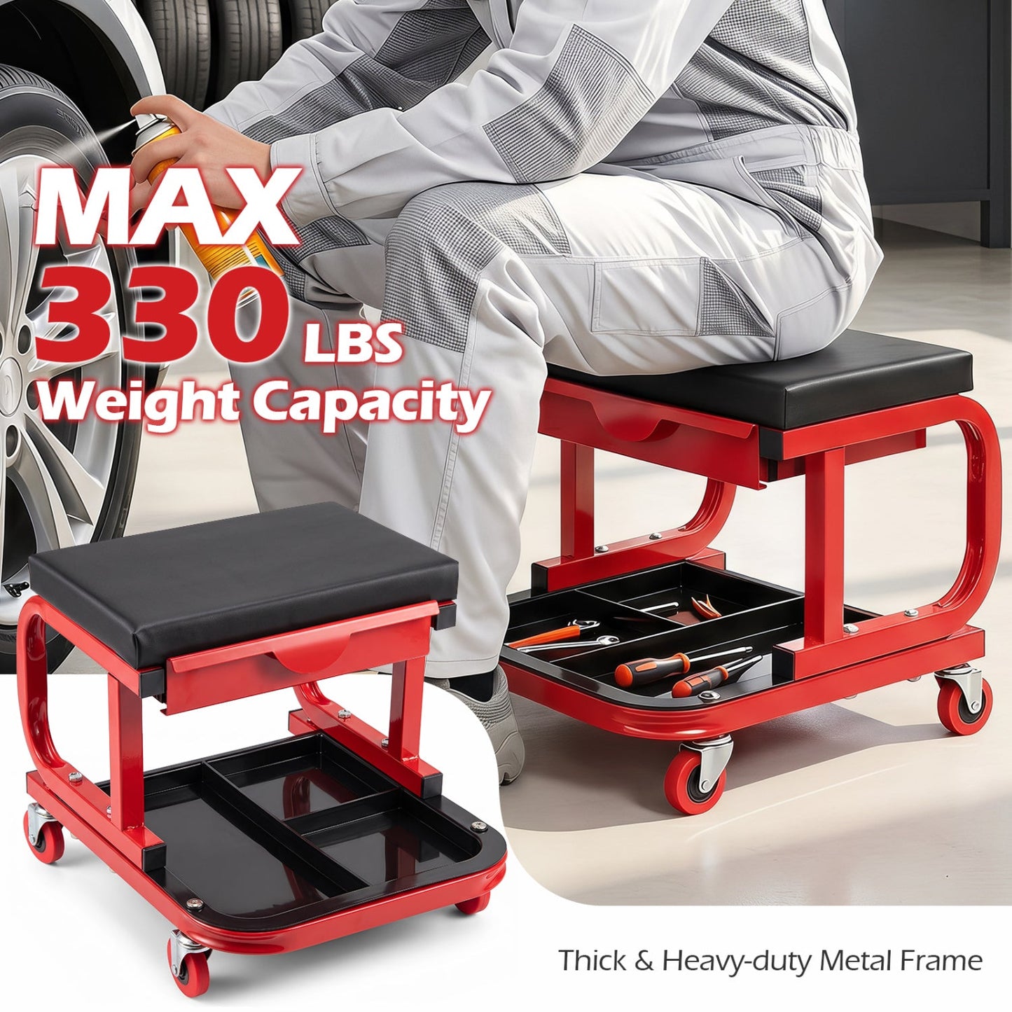 Mechanic rolling stool with tool trays and magnetic drawer, red metal frame, black cushion, DirectDeals on Tampa Home & Garden Store
