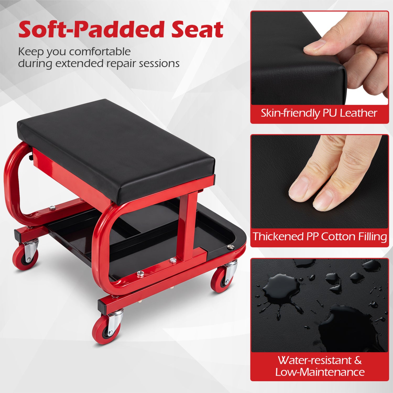 DirectDeals mechanic rolling stool with tool trays and magnetic drawer, red frame, black PU seat on Tampa Home & Garden Store