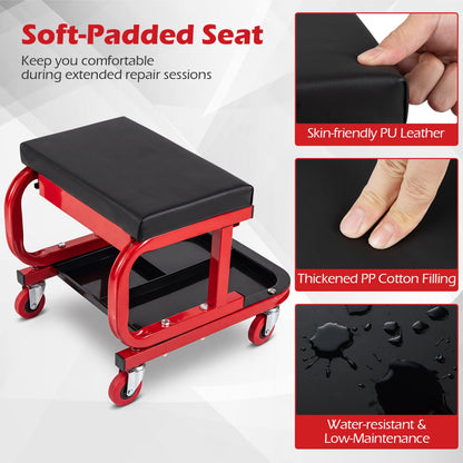 DirectDeals mechanic rolling stool with tool trays and magnetic drawer, red frame, black PU seat on Tampa Home & Garden Store