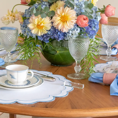 Waterproof Victoria Placemat with Victorian Border, white with blue scalloped edge by Talah Home on Tampa Home & Garden Store