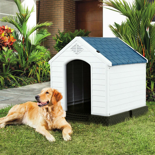Medium size Dog House Outdoor White Blue Plastic with Elevated Floor - Tampa Home & Garden Store