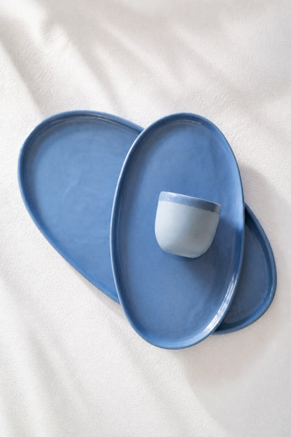 Handmade Oval Serving Platter In Blue Porcelain
