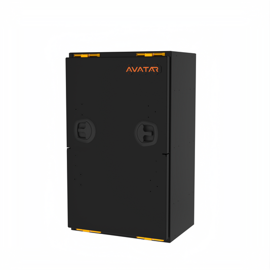 Avatar Mega Storage Box black with orange latches and logo on Tampa Home & Garden Store