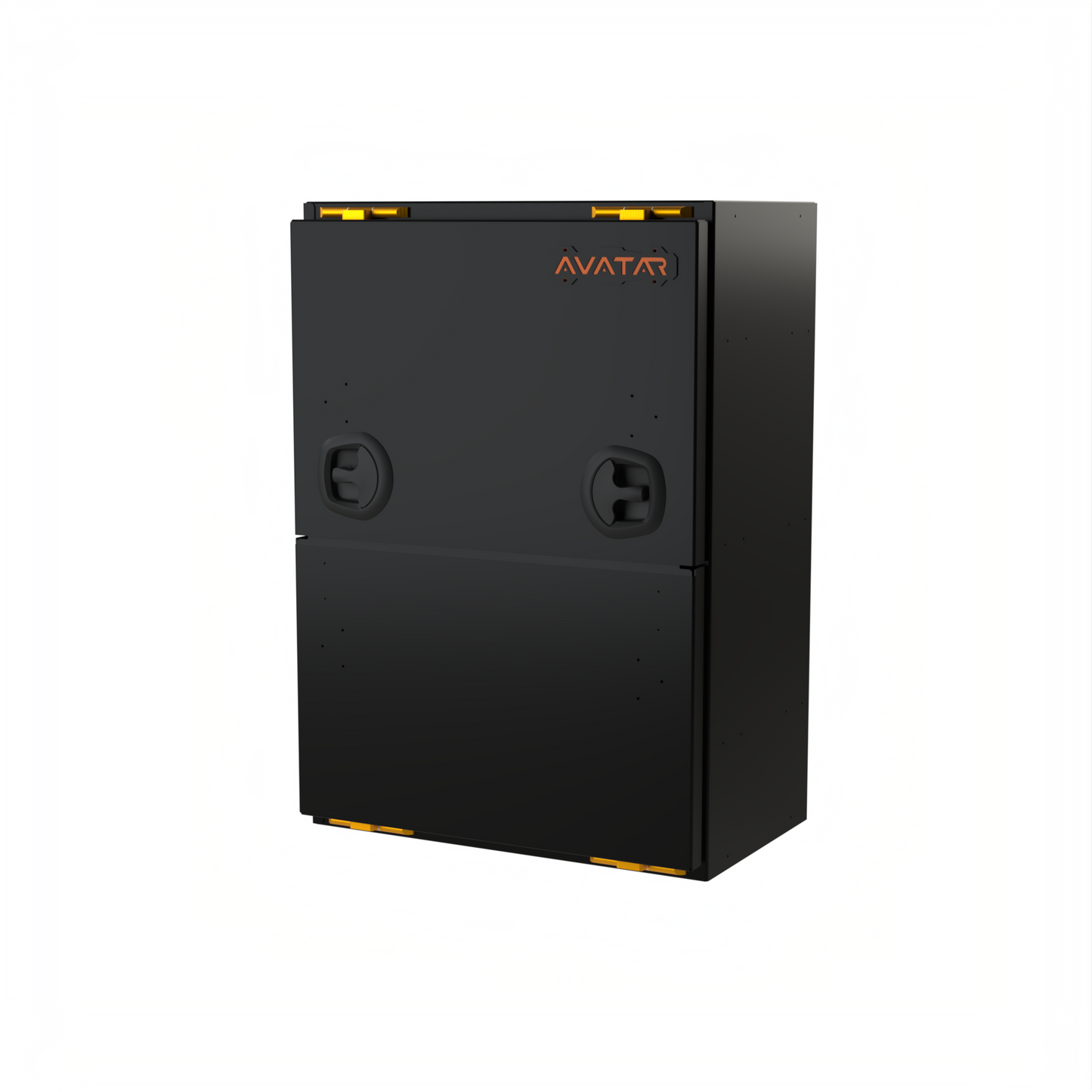Avatar Mega Storage Box avatar offroad black with orange logo and yellow latches on Tampa Home & Garden Store