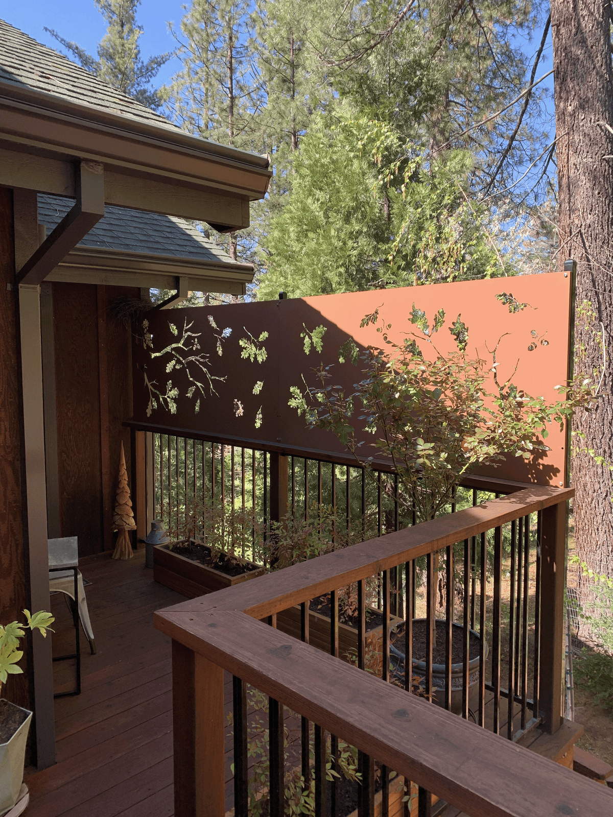 Privacy Screen for Deck brown metal panel with leaf cutouts by Rustica Ornamentals on Tampa Home & Garden Store