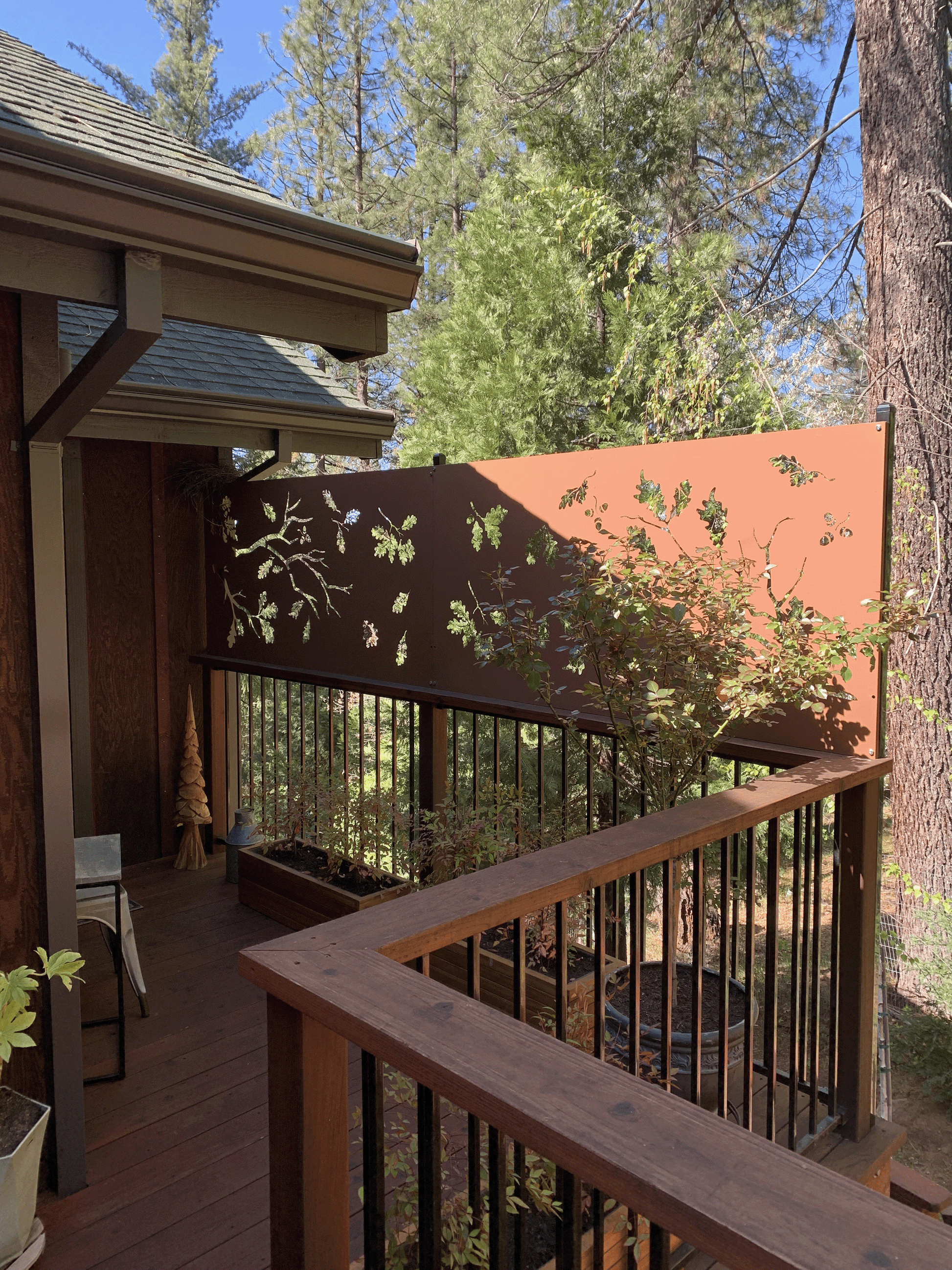 Privacy Screen for Deck brown metal panel with leaf cutouts by Rustica Ornamentals on Tampa Home & Garden Store
