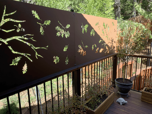 Privacy Screen for Deck by Rustica Ornamentals; brown metal panels with oak leaf cutouts on Tampa Home & Garden Store