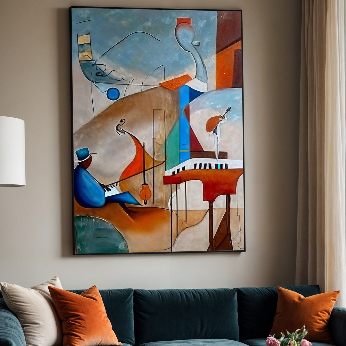 Canvas Print Melodic Abstraction by Tailored Canvases, bold blue and orange abstract shapes on Tampa Home & Garden Store