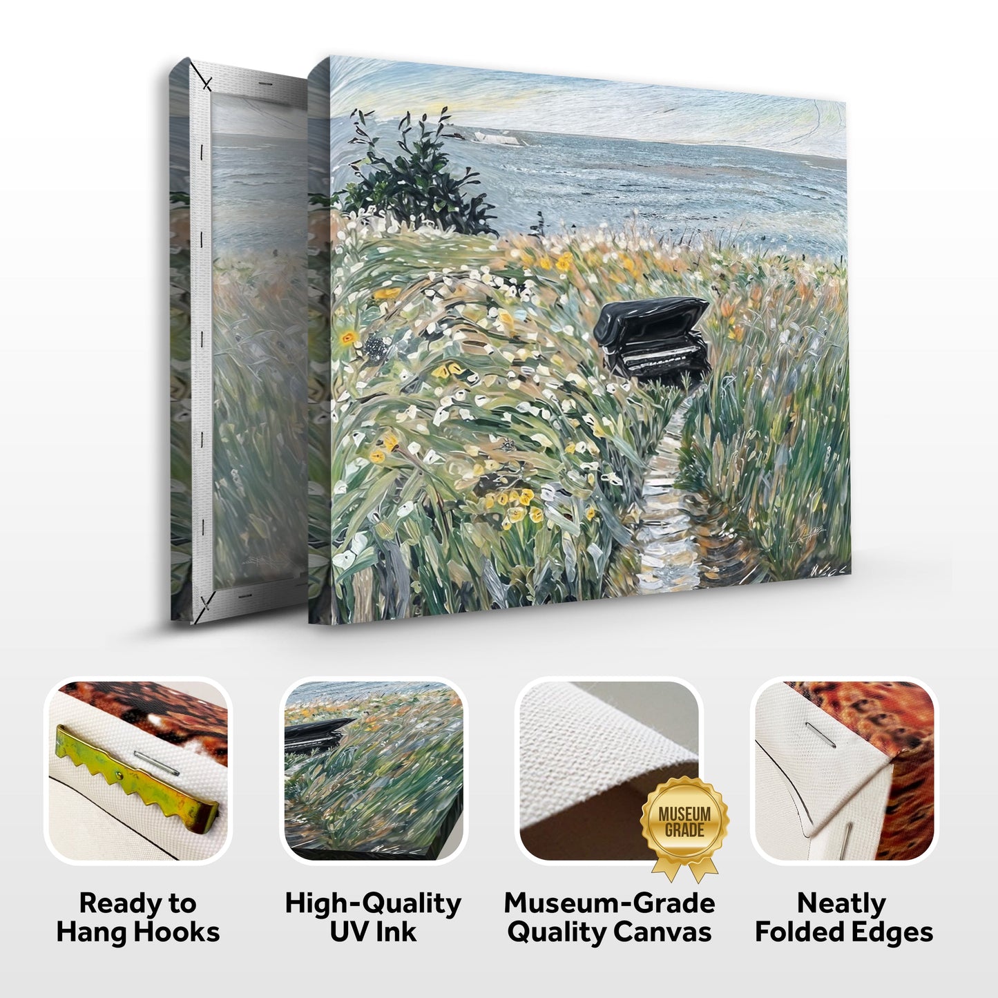 Canvas Print Melodic Seclusion by Tailored Canvases with coastal flowers and a bench on Tampa Home & Garden Store
