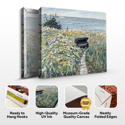 Canvas Print Melodic Seclusion by Tailored Canvases with coastal flowers and a bench on Tampa Home & Garden Store