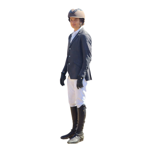 American Equus Men's Performance Breeches White worn by rider in navy blazer and helmet on Tampa Home & Garden Store